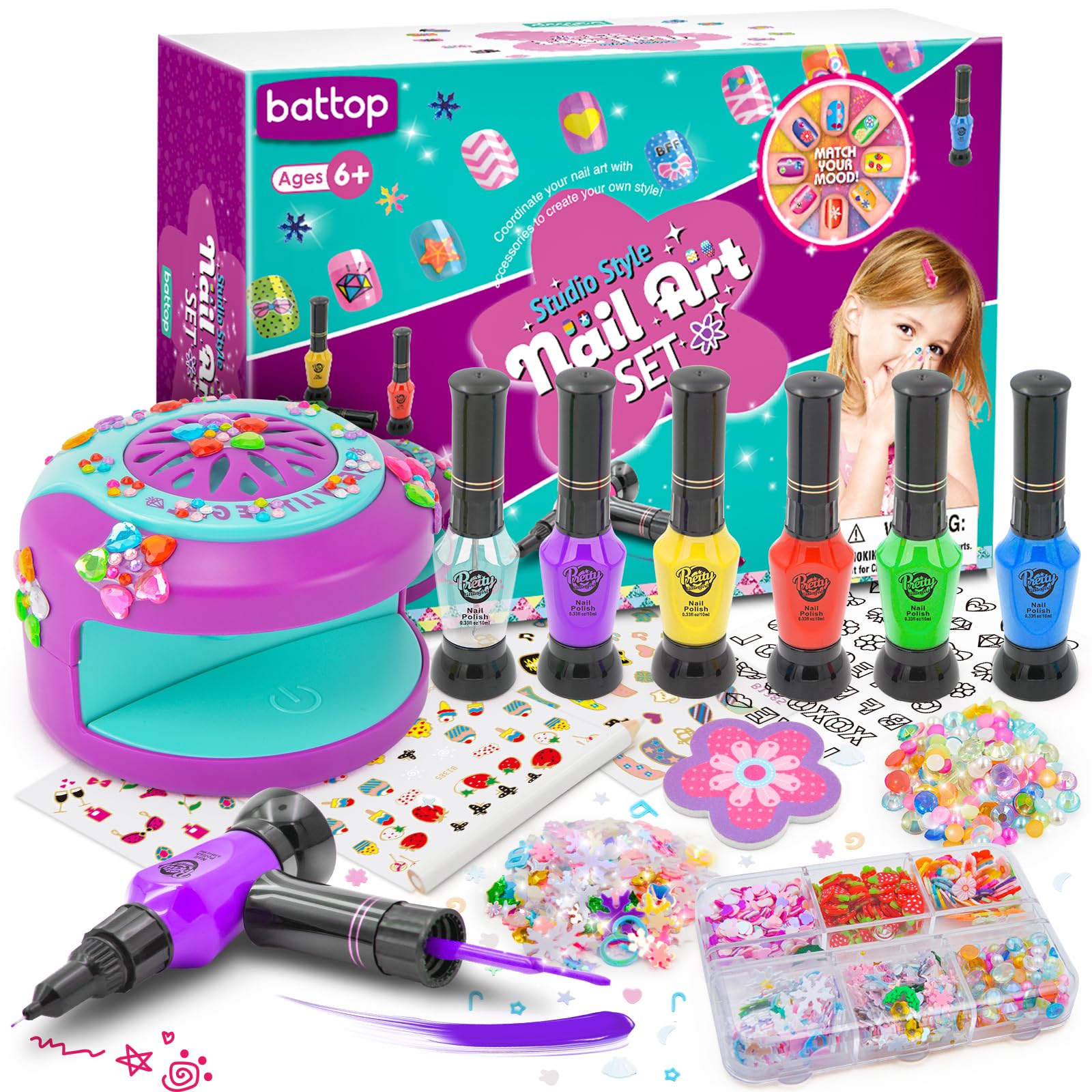 BATTOP Kids Nail Art Kit front view with tools and polishes for home manicures