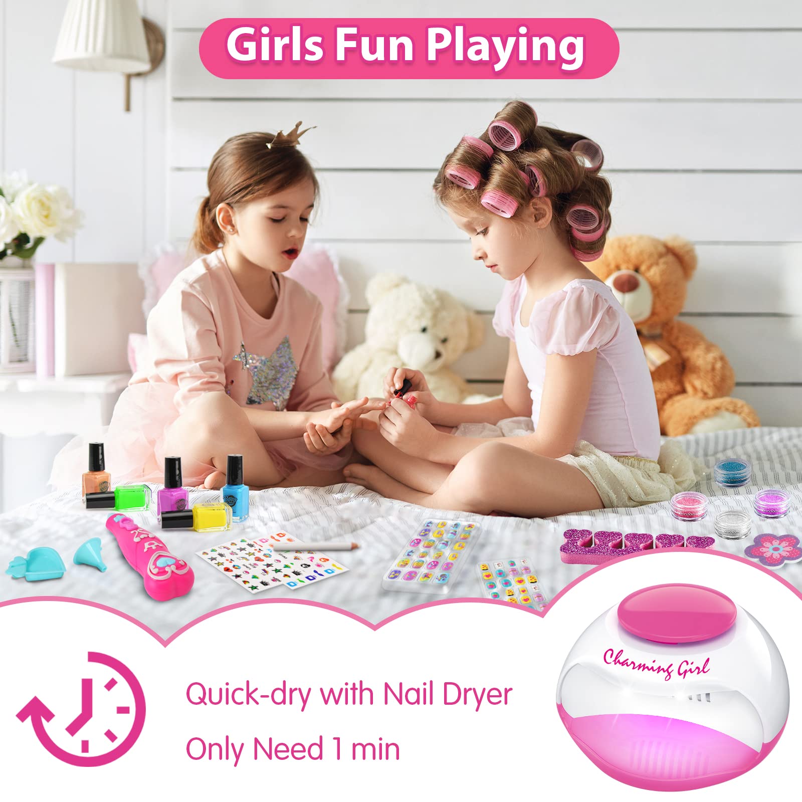 BATTOP nail art kit includes dryer for fast, kid-safe nail drying.