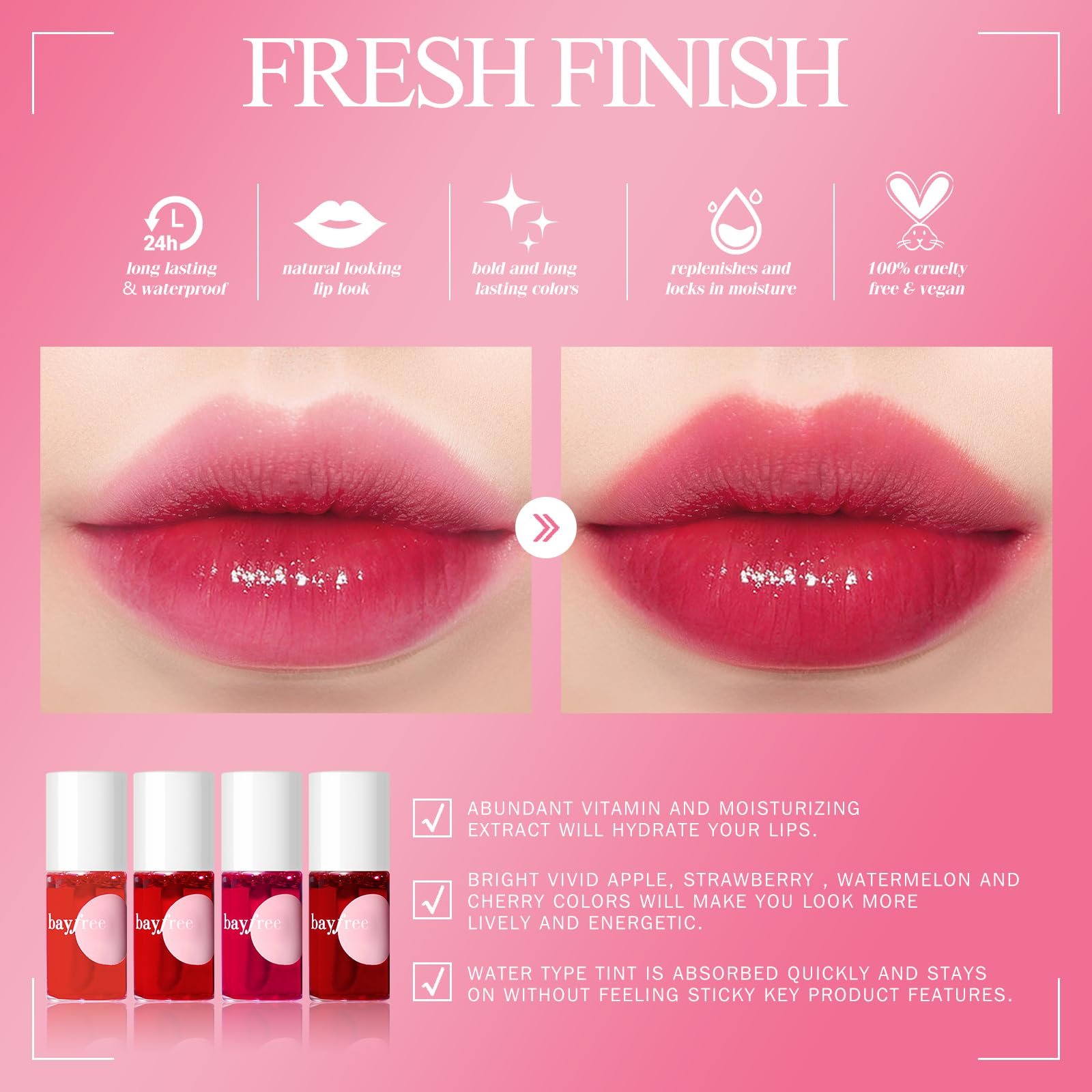 bayfree Lip Tint Stain Set swatches on skin show vibrant, non-greasy color payoff