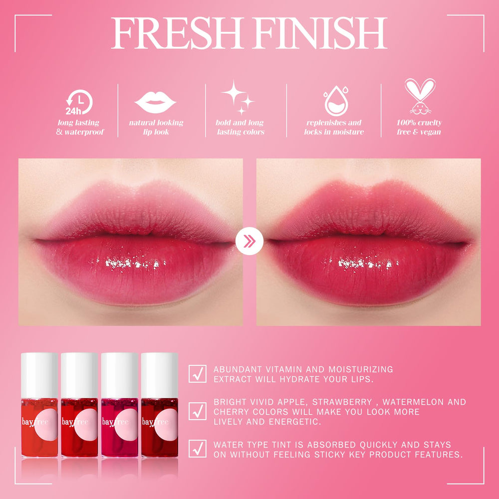 bayfree Lip Tint Stain Set swatches on skin show vibrant, non-greasy color payoff