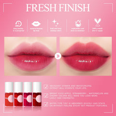 bayfree Lip Tint Stain Set swatches on skin show vibrant, non-greasy color payoff