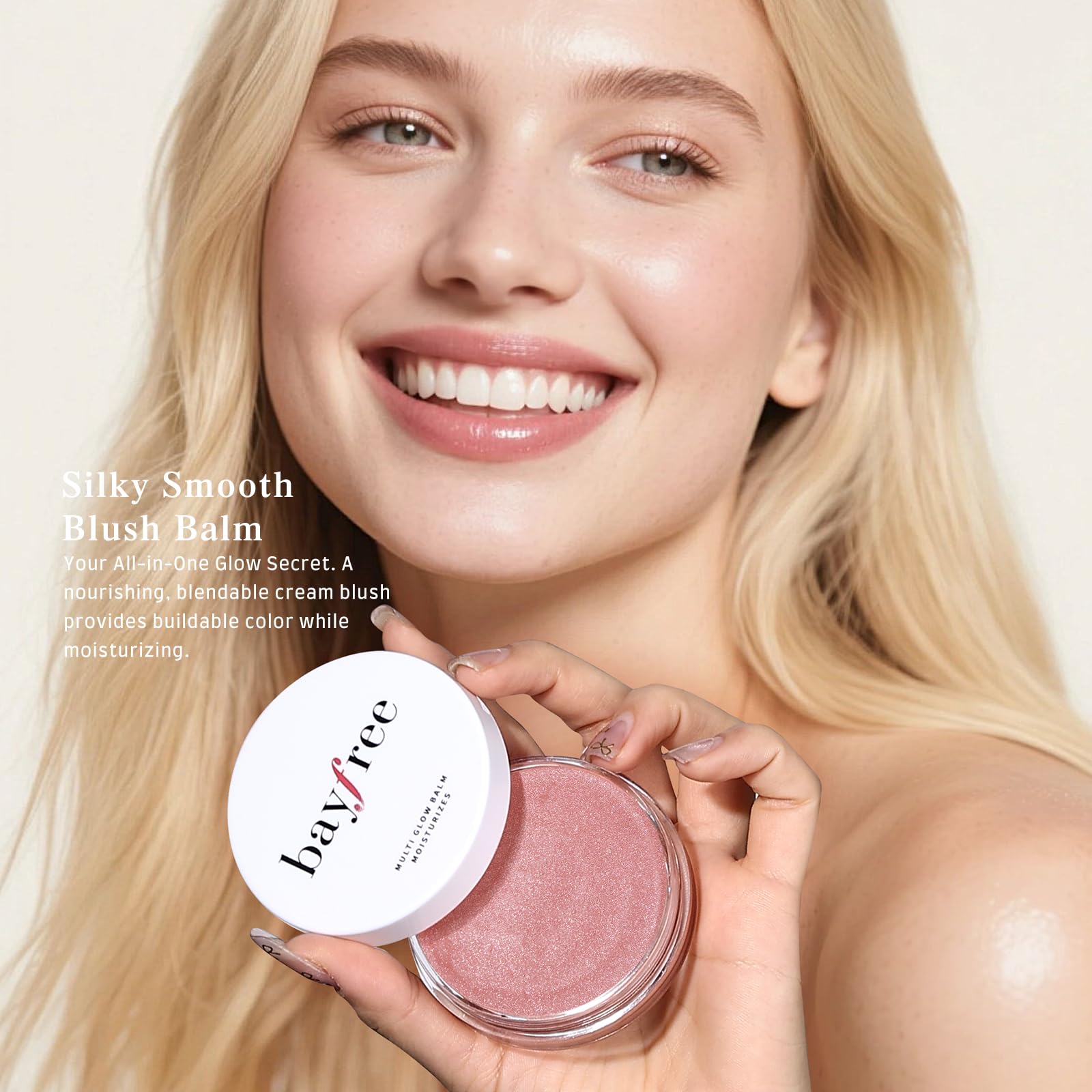 bayfree Multi Glow Balm con ingredientes como shea y coco para cuidado suave.