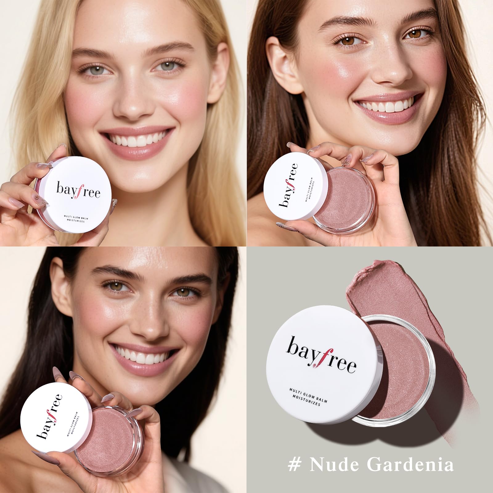 Bayfree Multi Glow Balm on lips shows soft color for a subtle pout.