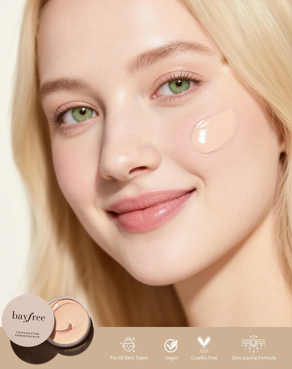 bayfree foundation balm bottle closeup highlighting creamy texture for quick blending