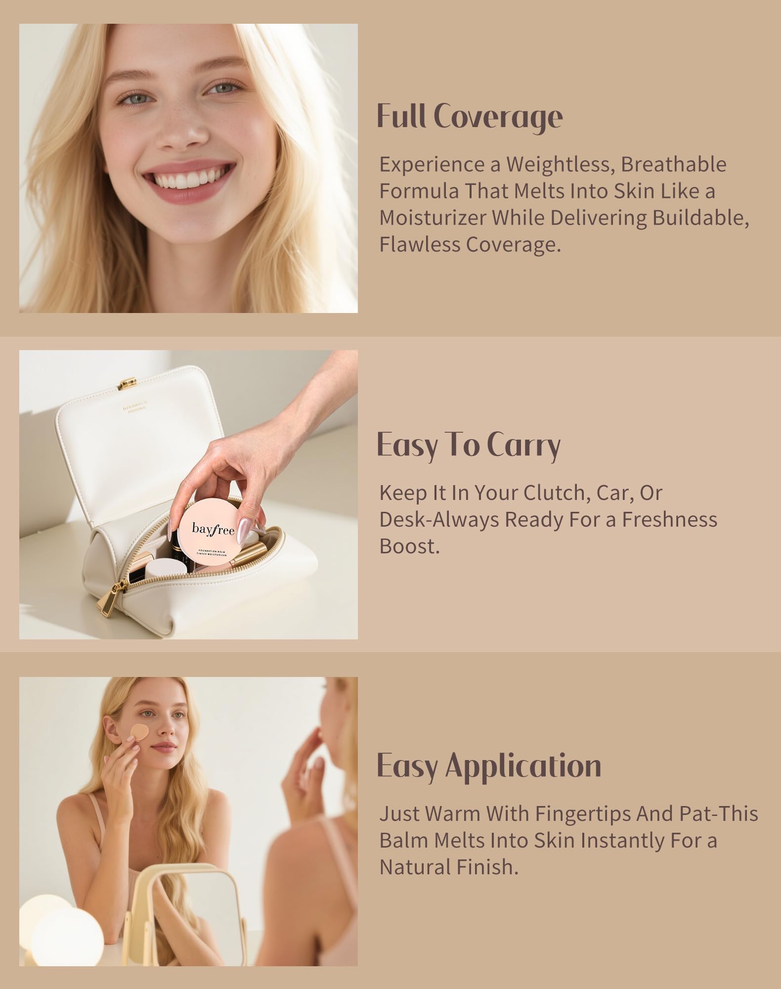bayfree foundation balm being applied to the face with fingertips for a skin-like finish