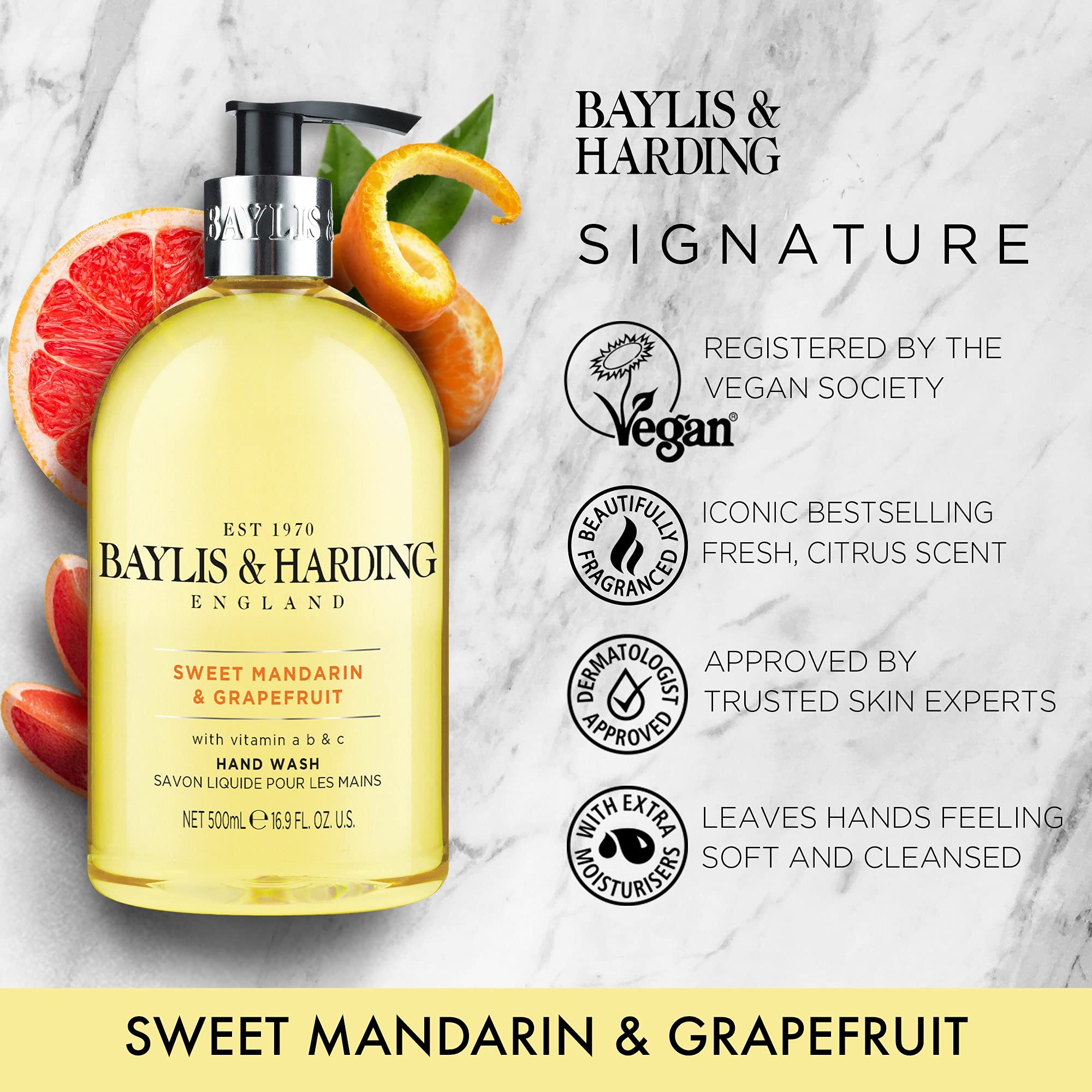 Baylis & Harding hand soap dispenser close-up showing easy pump operation.