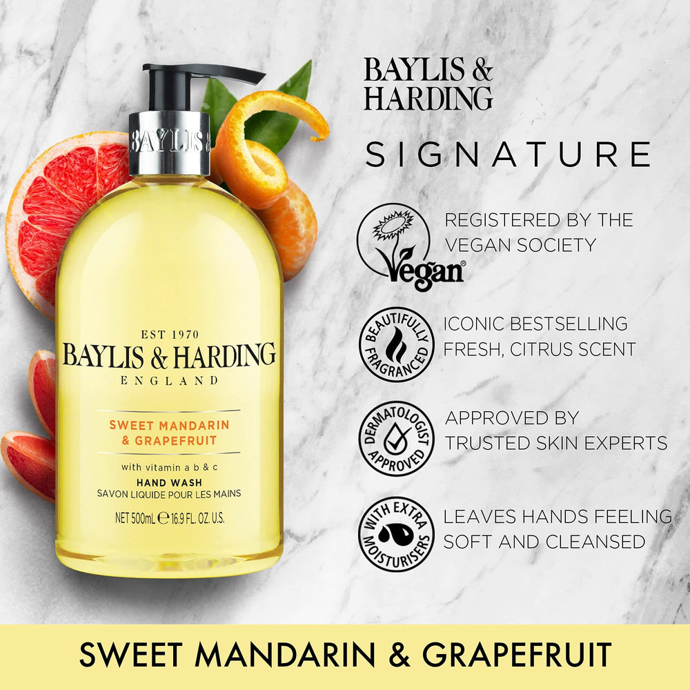 Baylis & Harding hand soap dispenser close-up showing easy pump operation.