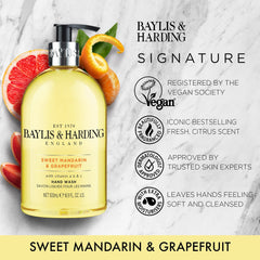 Baylis & Harding hand soap dispenser close-up showing easy pump operation.