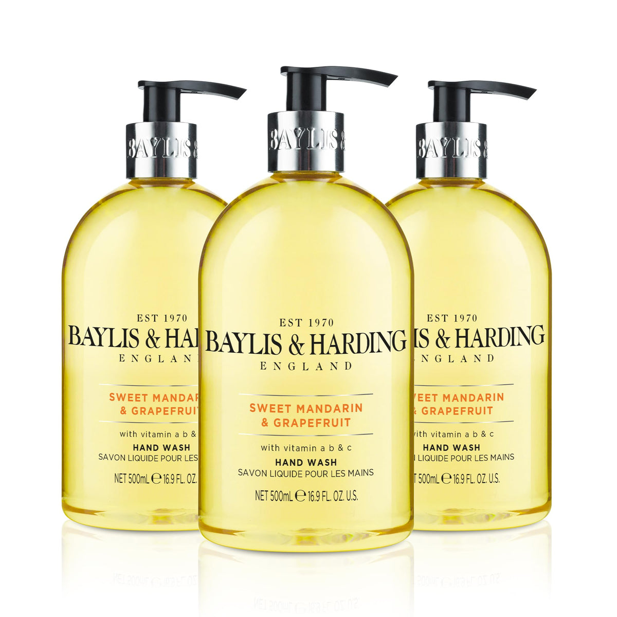 Baylis & Harding liquid hand soap with dispenser in Sweet Mandarin & Grapefruit for daily cleansing.