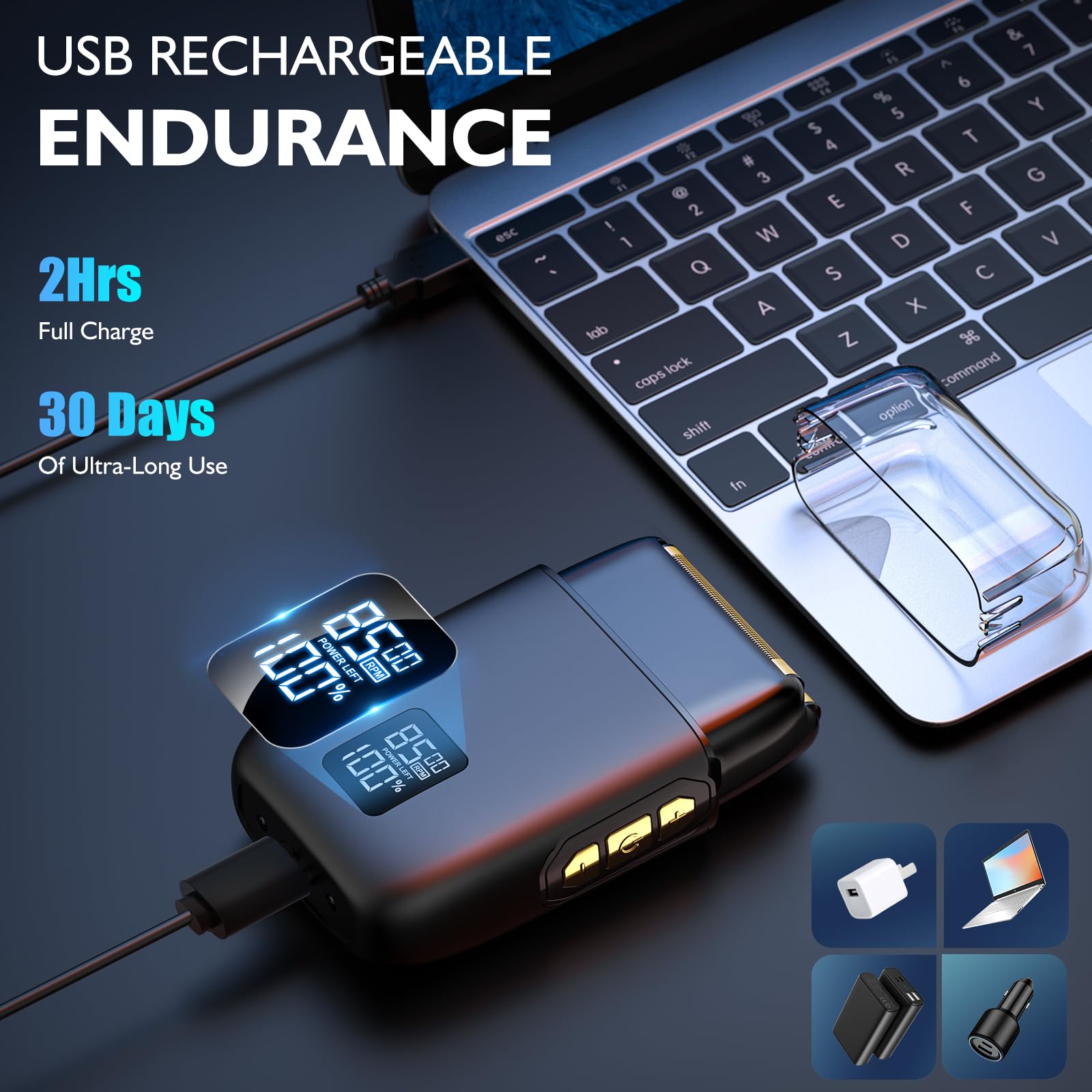 Bazivve shaver LED display shows battery life for planning shaves
