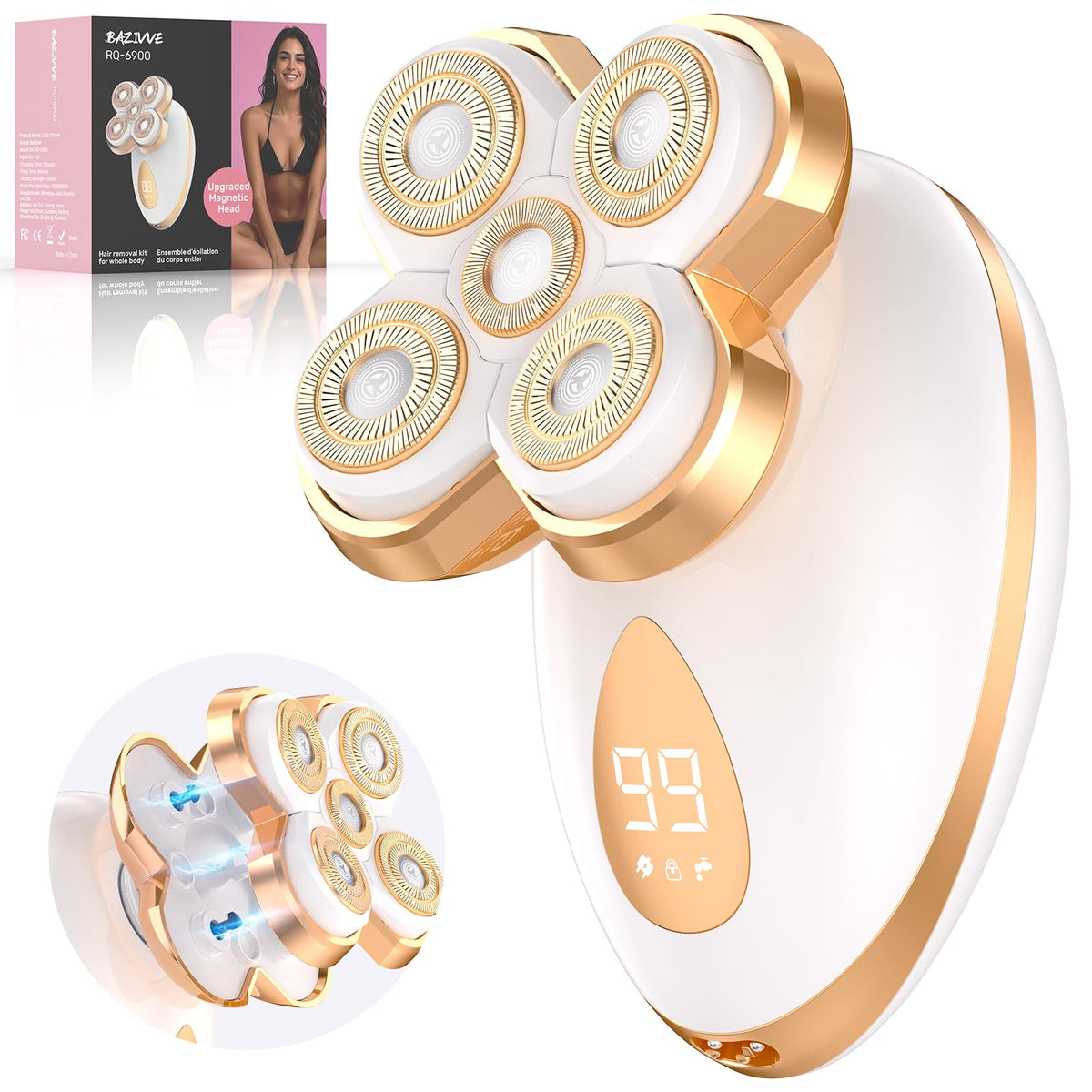 Bazivve electric razor 5D-floating-head captures curves for smooth legs, bikini, and face.