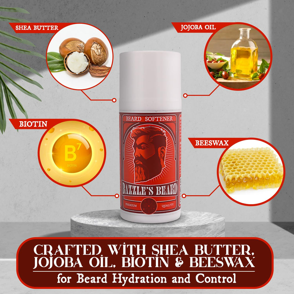 Foco en Biotina e ingredientes de Bazzle's Beard Softener para aspecto cuidado.