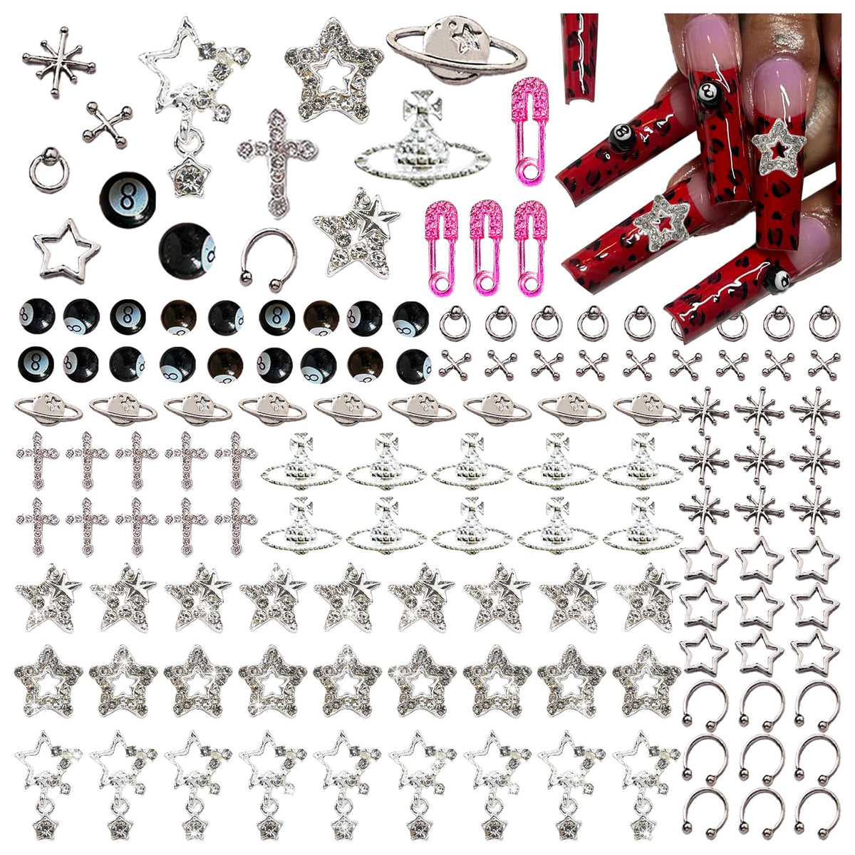 BBATT-HAPPY 134pcs nail charms package shows a sparkling mix for creative nail art.