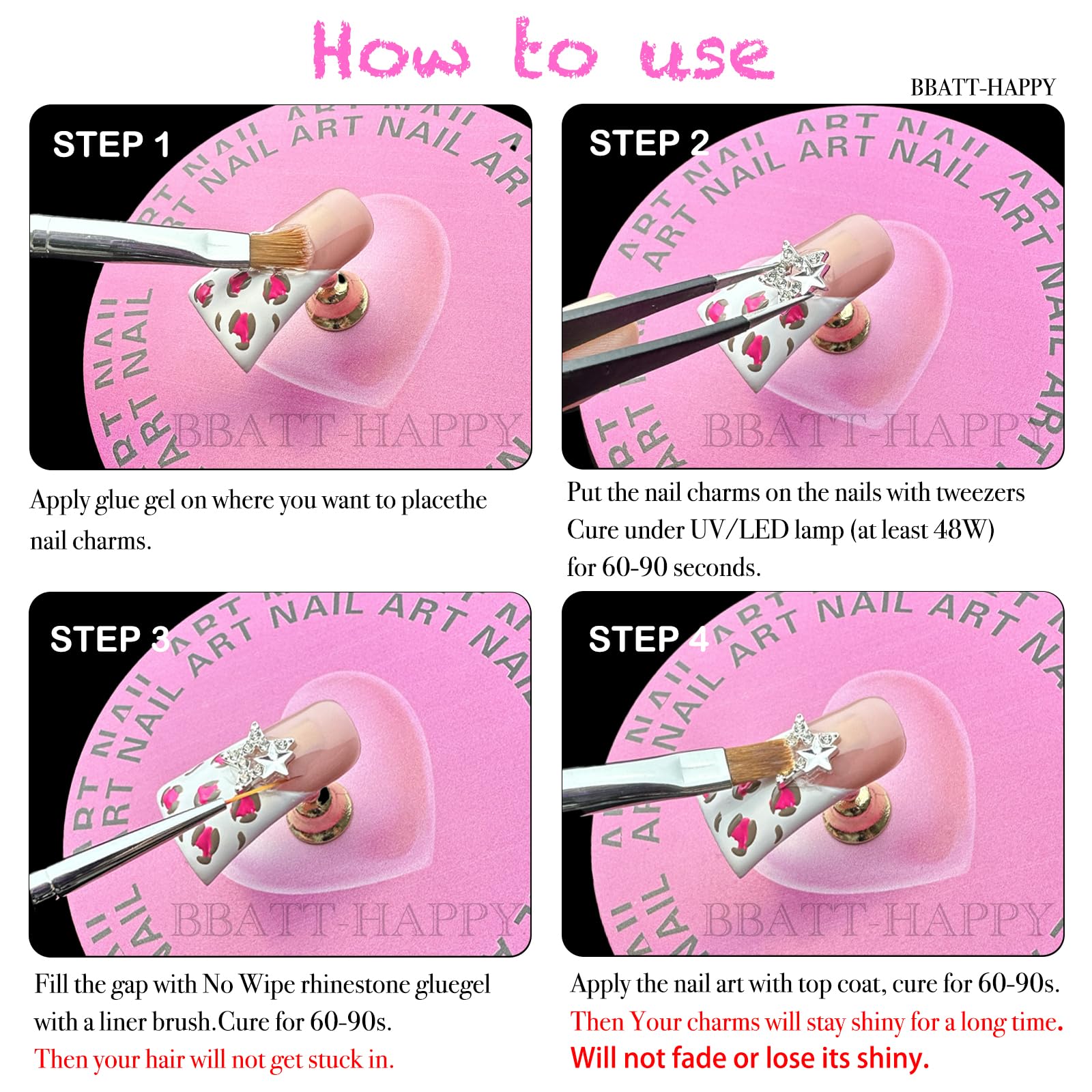 BBATT-HAPPY nail charms 3D nail art usage shows versatile decorating options.