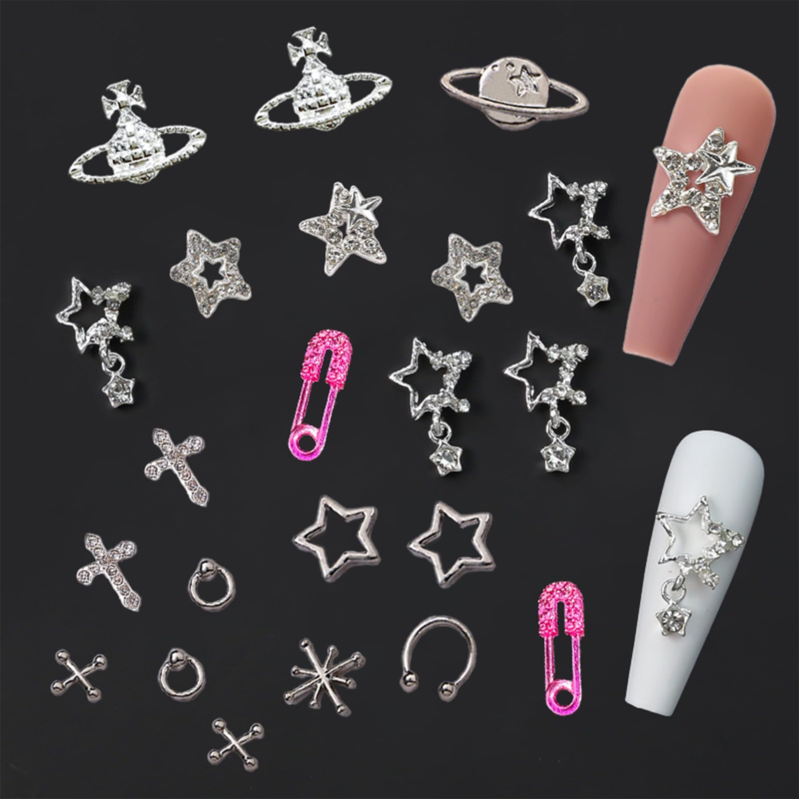BBATT-HAPPY nail charms cross punk closeup features metallic crosses for edgy nail art.