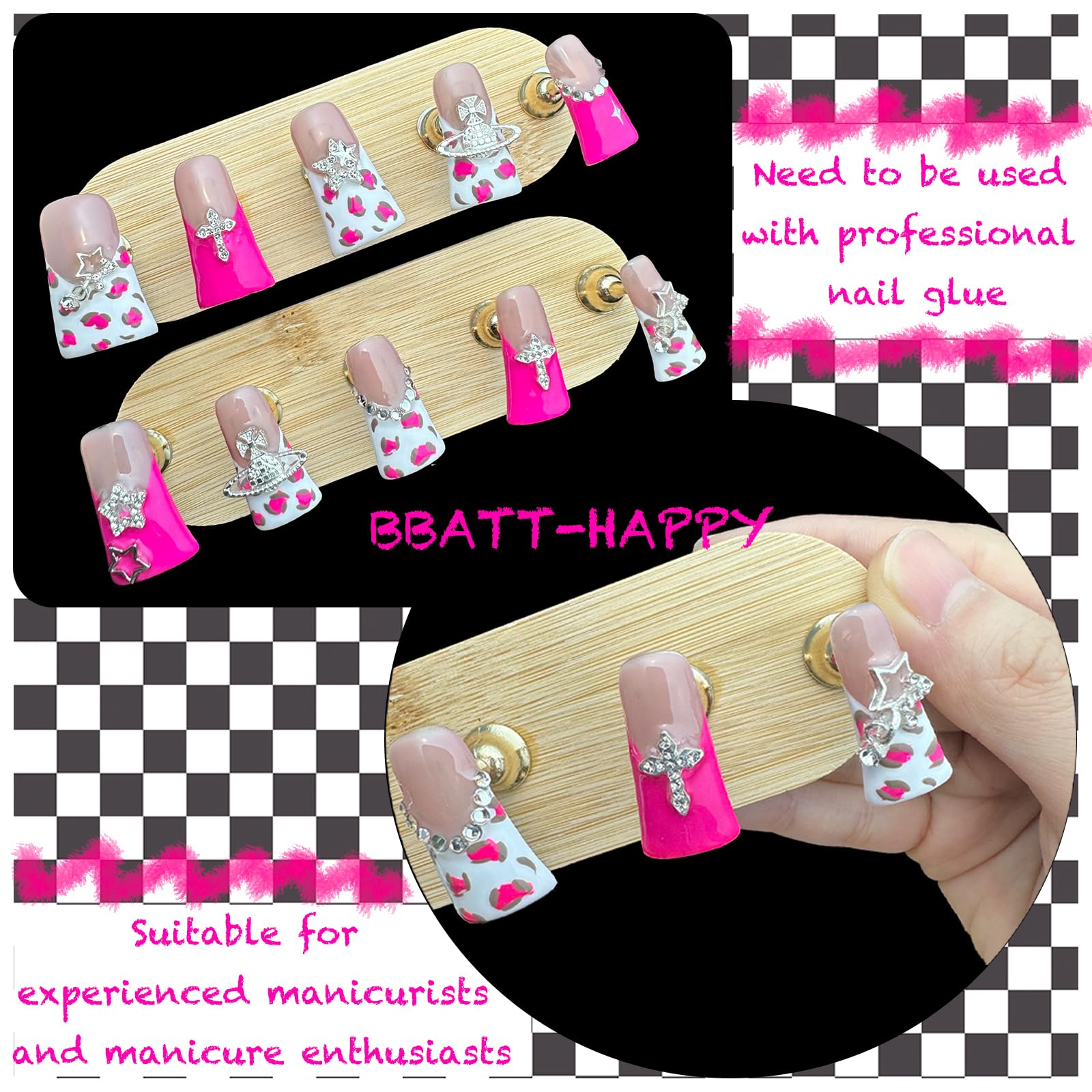 BBATT-HAPPY nail charms silver shine on nails demonstrates long-lasting wearable decor.
