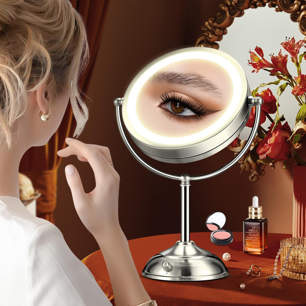 BBP 9-inch LED vanity mirror on desk for flawless lighting while applying makeup.