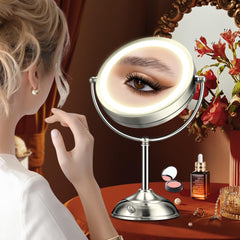 BBP 9-inch LED vanity mirror on desk for flawless lighting while applying makeup.