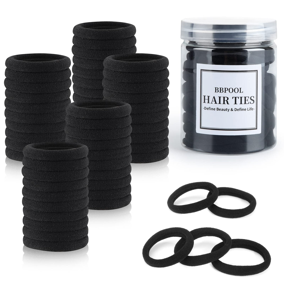 BBPOOL 50pcs black hair ties container keeps hair ties organized and reusable.