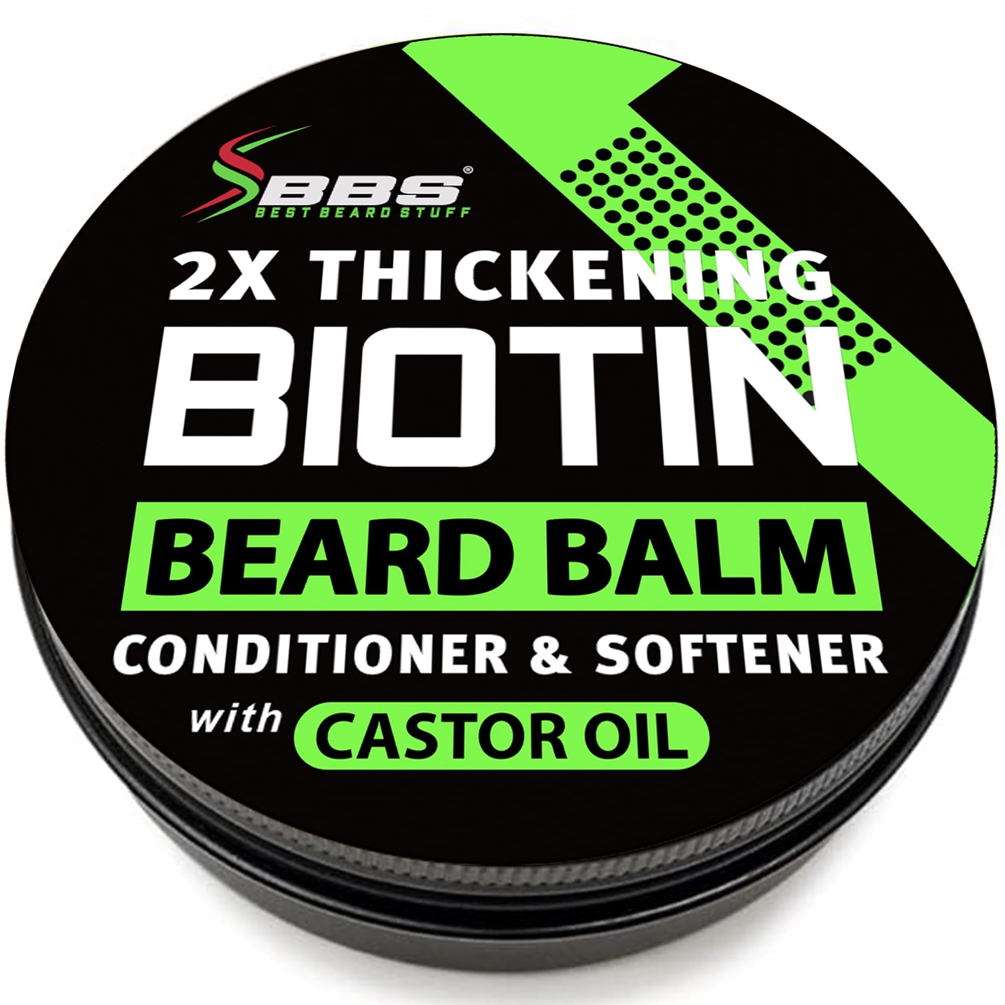BBS Best Beard Stuff biotin beard balm jar shows fuller beard appearance.