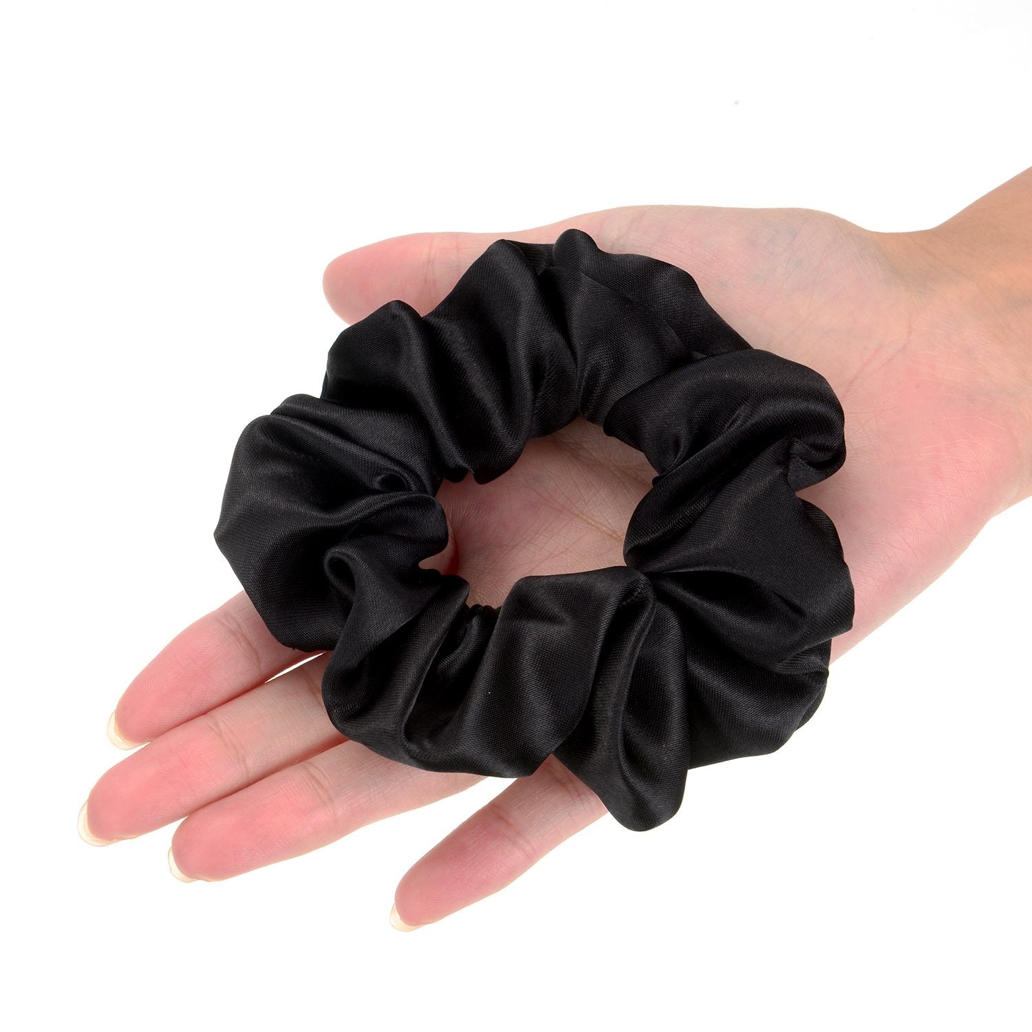 BBTO satin scrunchies black hair-use shot demonstrates smooth glide without snagging