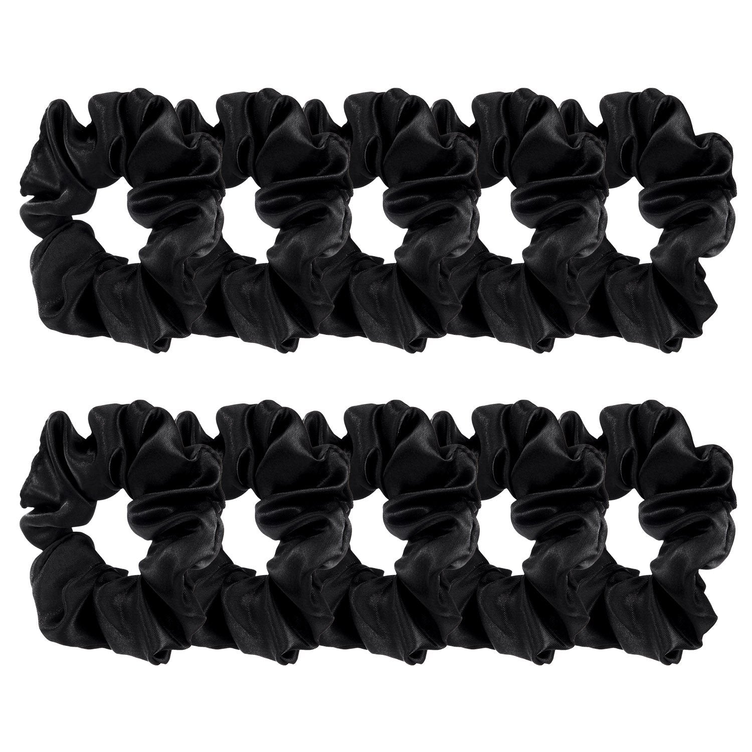 BBTO satin scrunchies black pack closeup highlighting glossy satin and gentle grip for everyday use