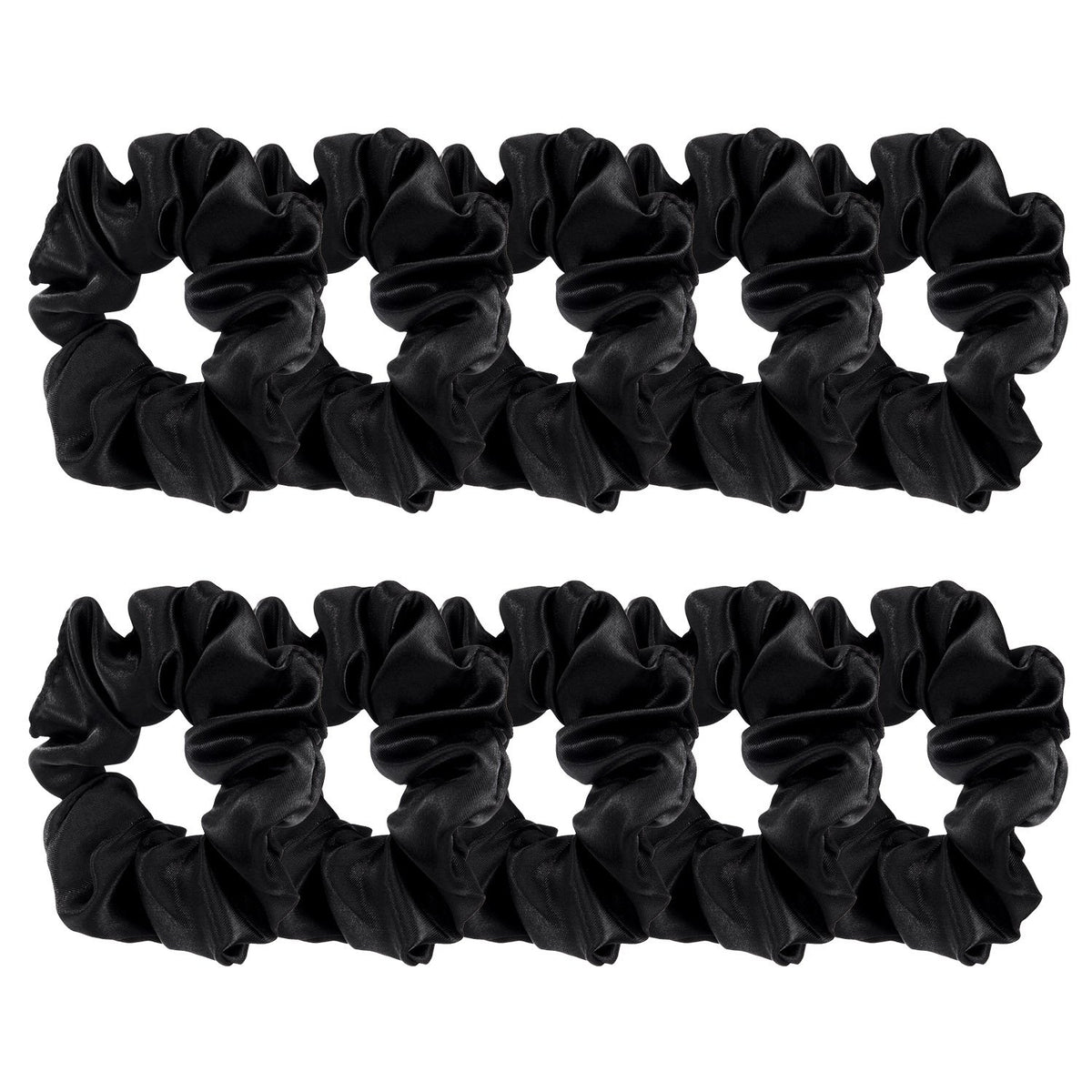 BBTO satin scrunchies black pack closeup highlighting glossy satin and gentle grip for everyday use