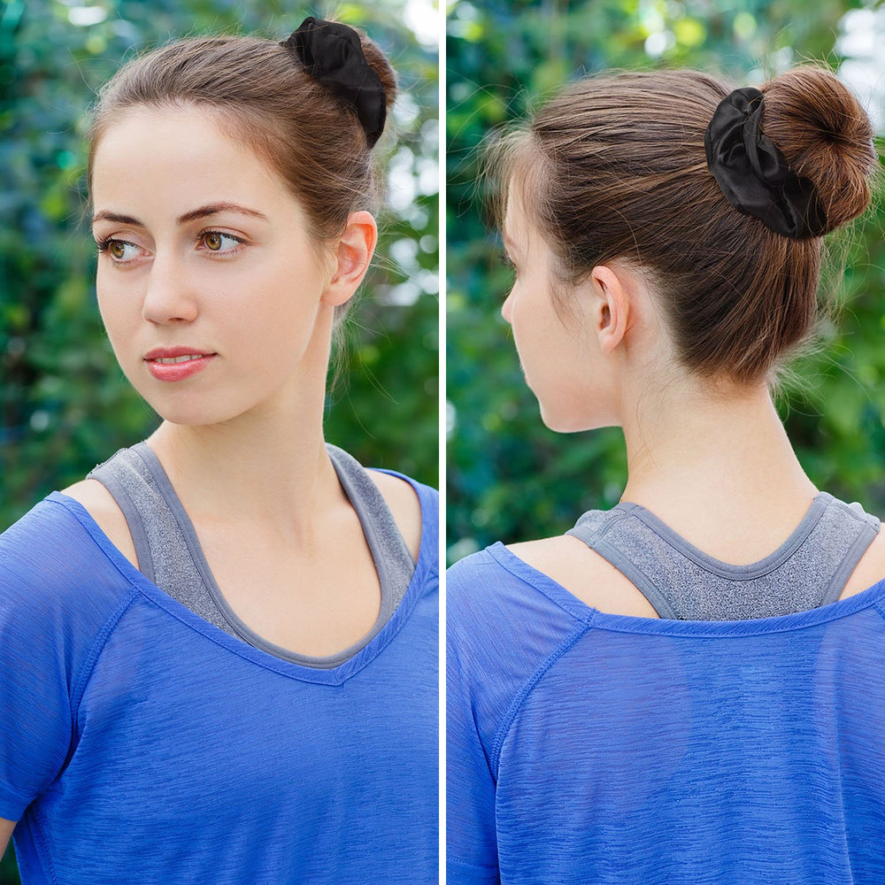 BBTO satin scrunchies black sleep-friendly shot suggests comfy, gentle hair care during rest
