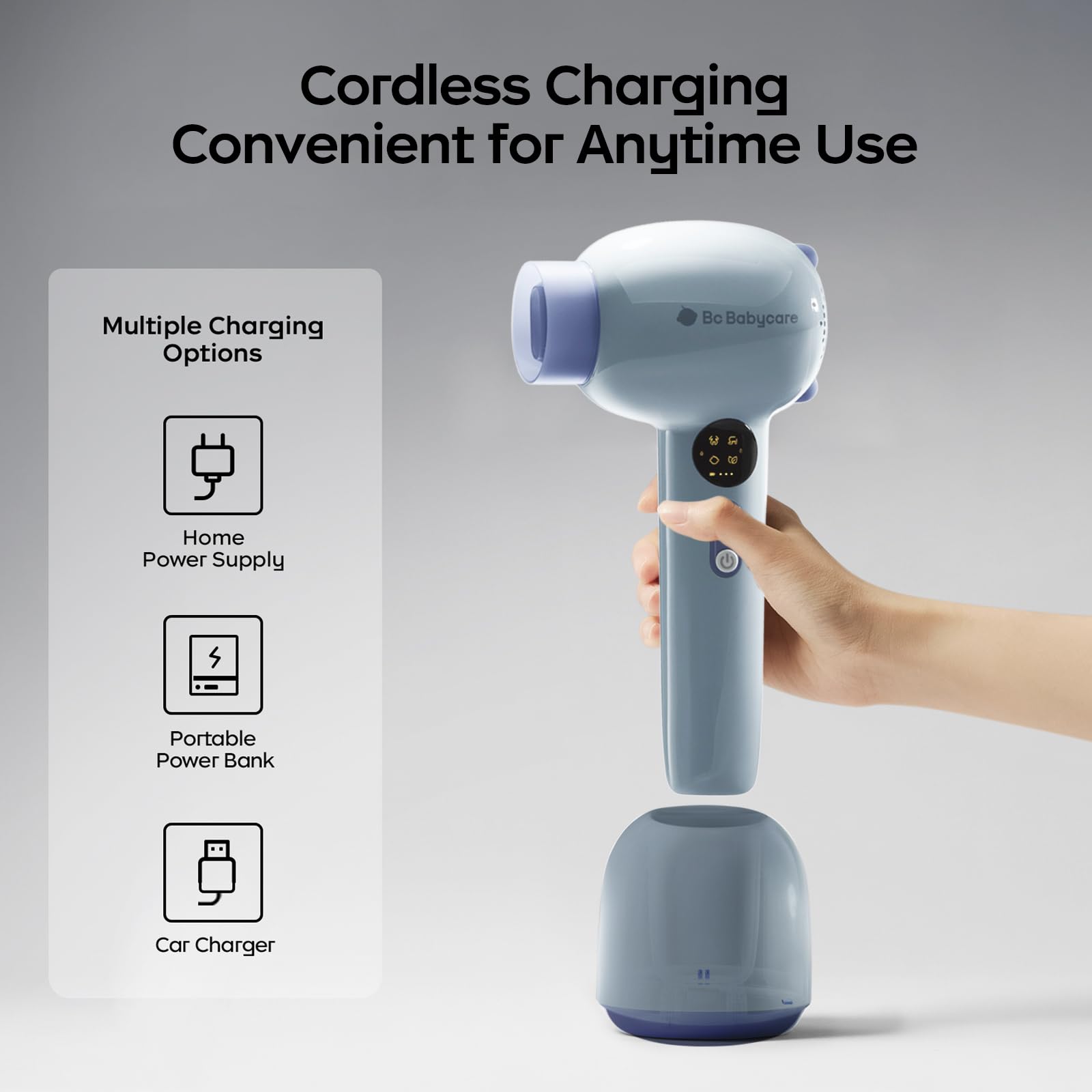 Bc Babycare Gentle Cordless Hair Dryer emits millions of negative ions for nourishment.