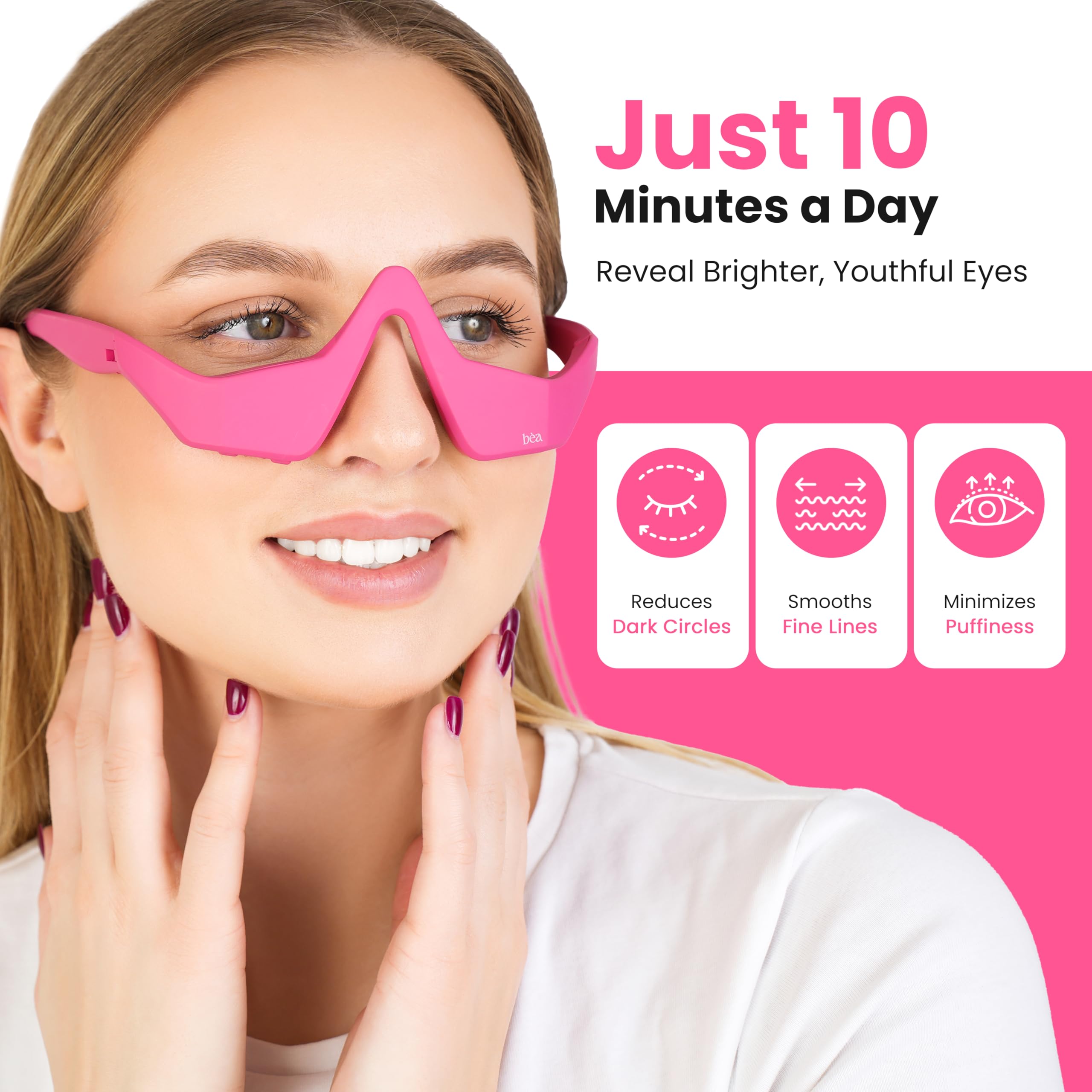 Bèa Eye Revitalize in-use at desk demonstrates easy daily routine for brighter eyes.