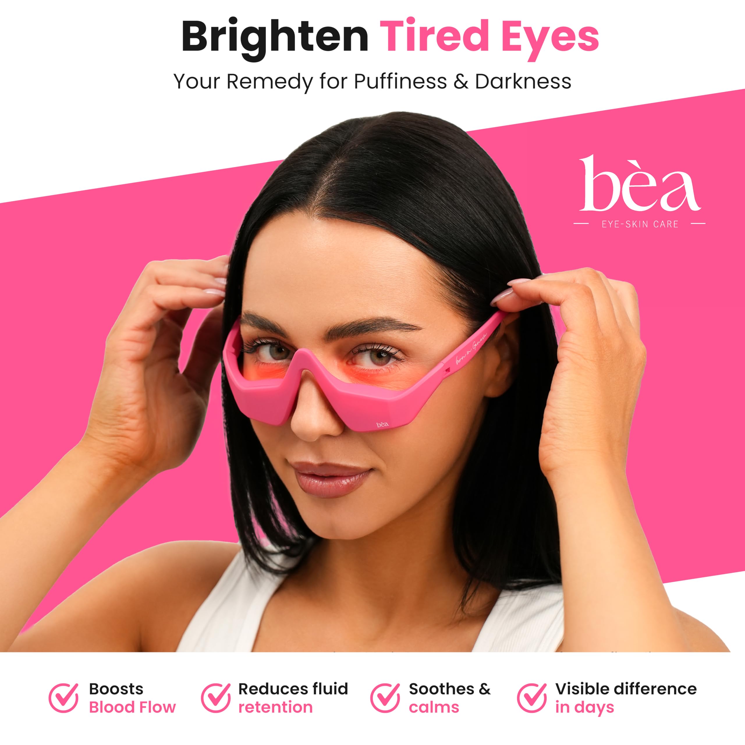 Bèa Eye Revitalize under-eye area closeup highlights soothing light therapy benefits.