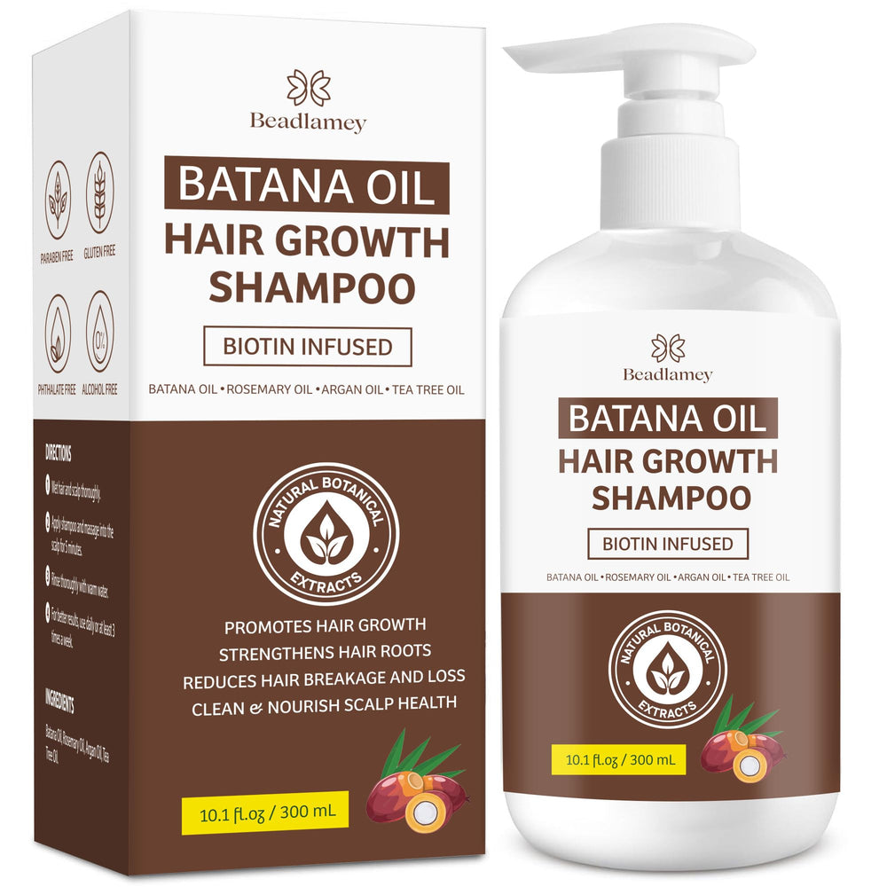 Beadlamey Root Activator Batana Oil Shampoo bottle promoting fuller-looking hair