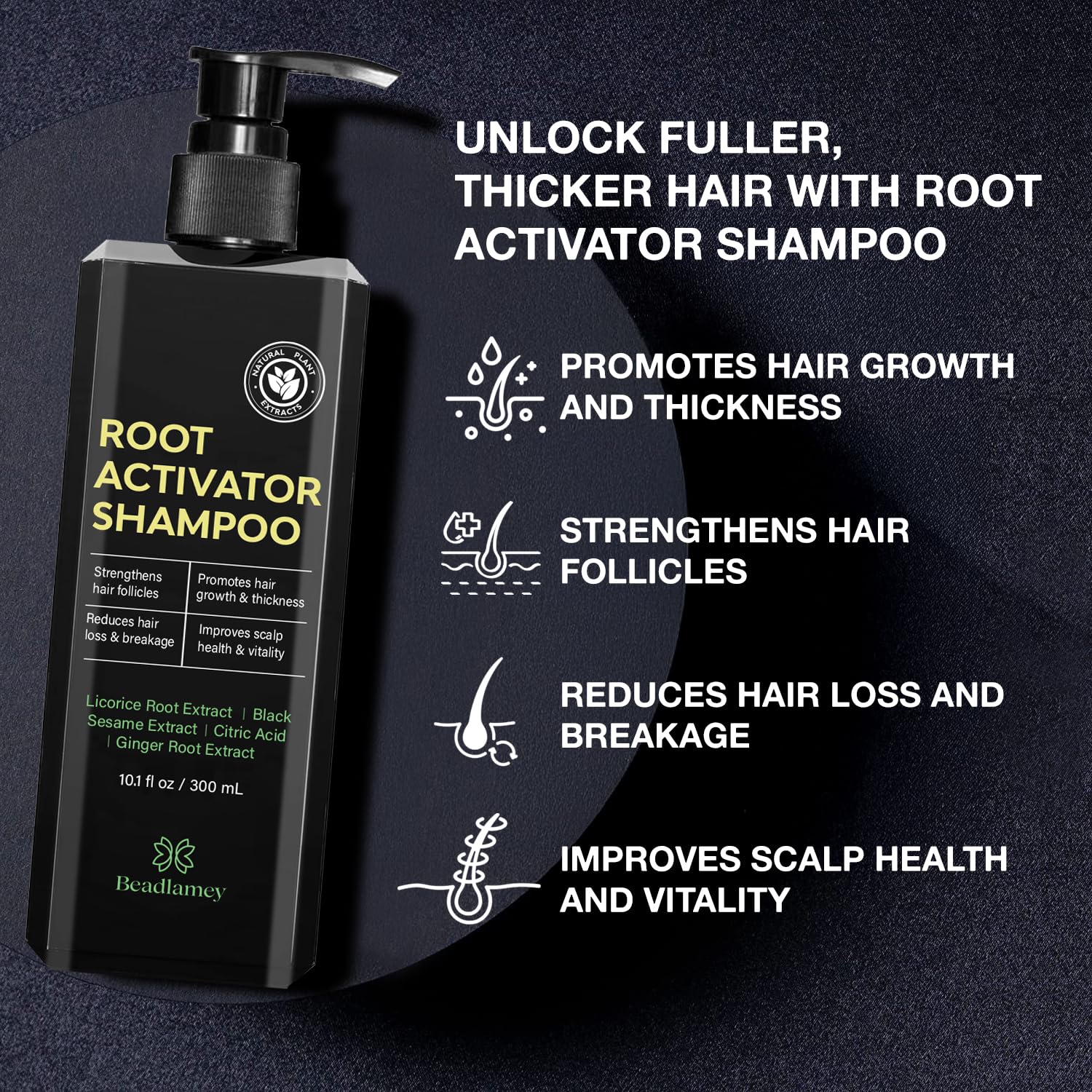 Beadlamey Root Activator Shampoo label close-up highlights natural ingredients.