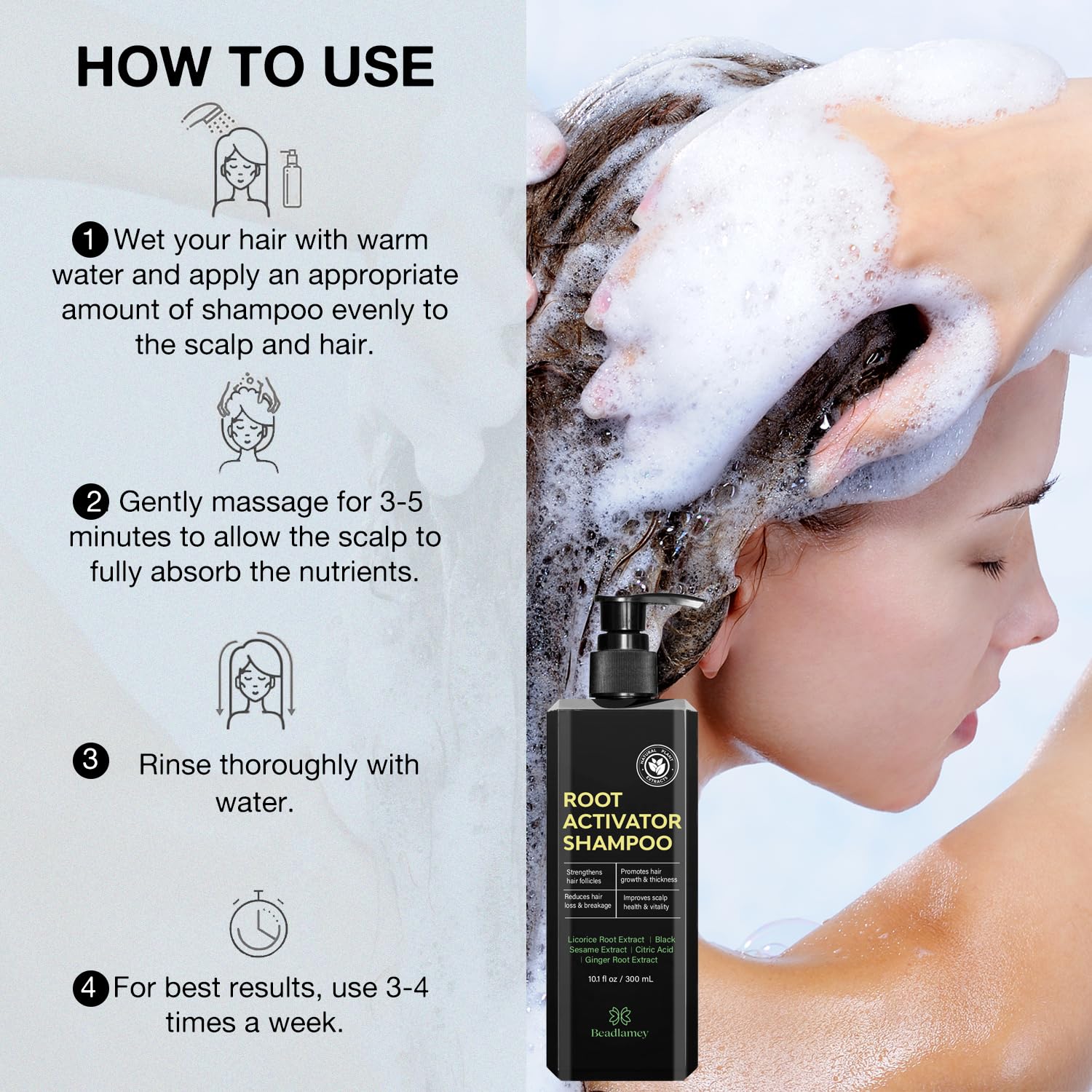 Beadlamey Root Activator Shampoo natural-ingredients highlight plant-based scalp care.
