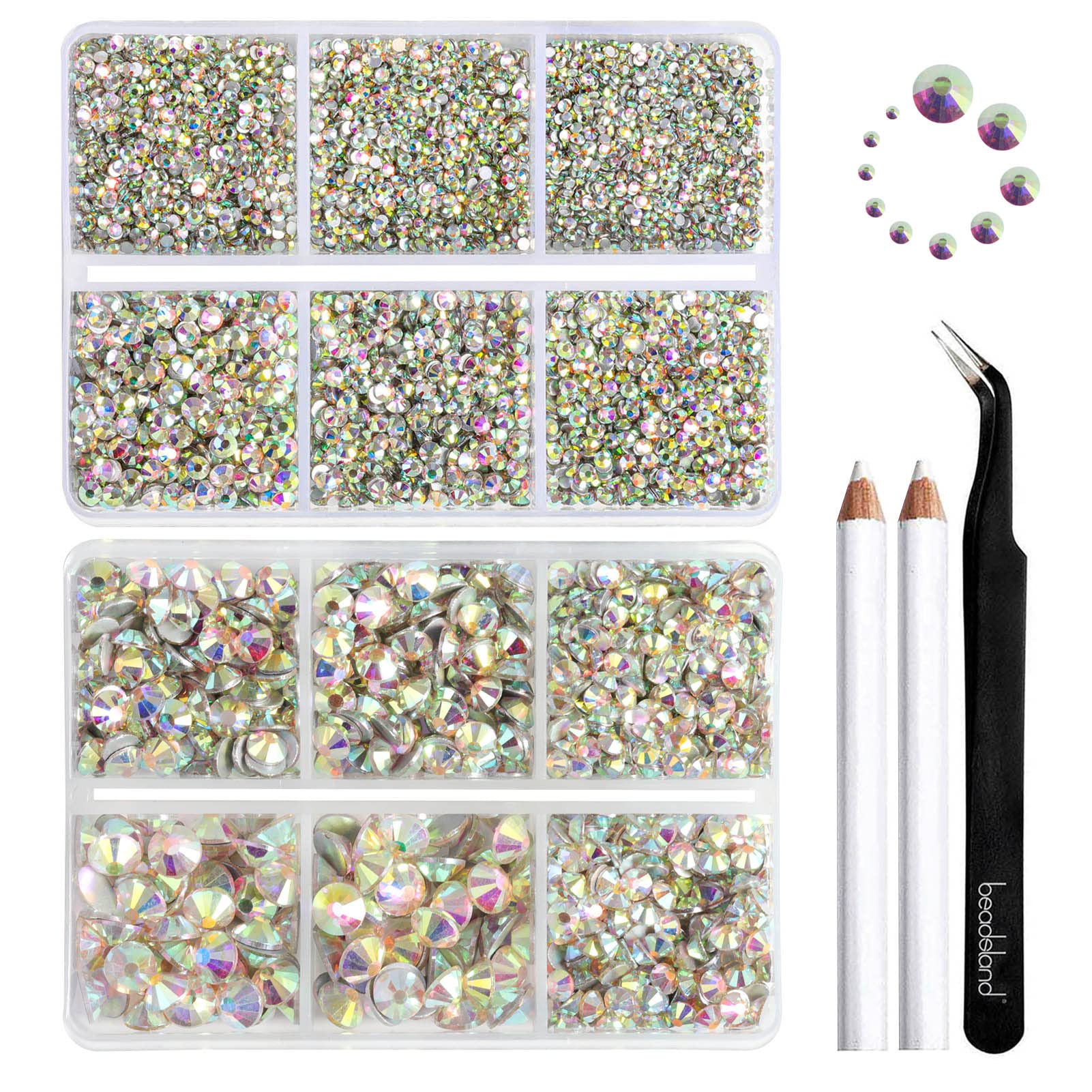 Beadsland rhinestones set packaging closeup showing organized grids for easy sorting.