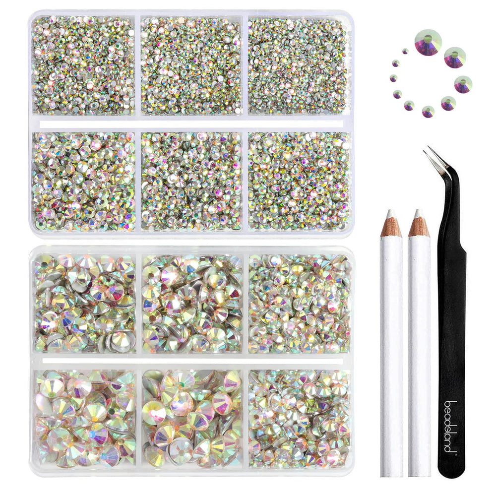 Beadsland rhinestones set packaging closeup showing organized grids for easy sorting.