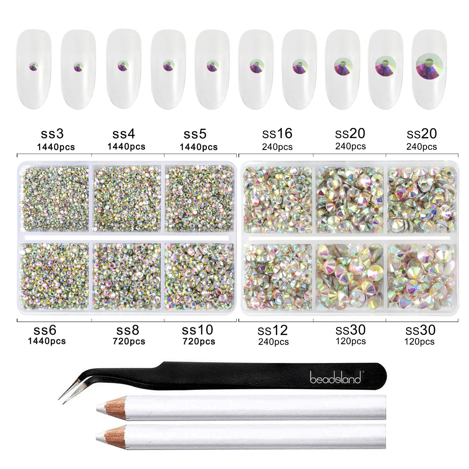 Beadsland wax pencil and tweezers kit image demonstrates precise placement for glass rhinestones.
