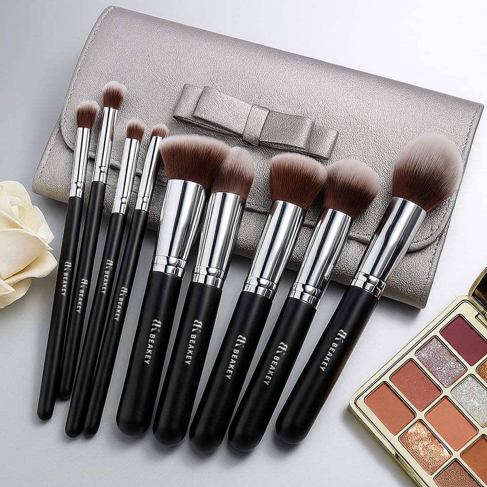 BEAKEY eyebrow foundation blush usage on model demonstrates 12-piece set