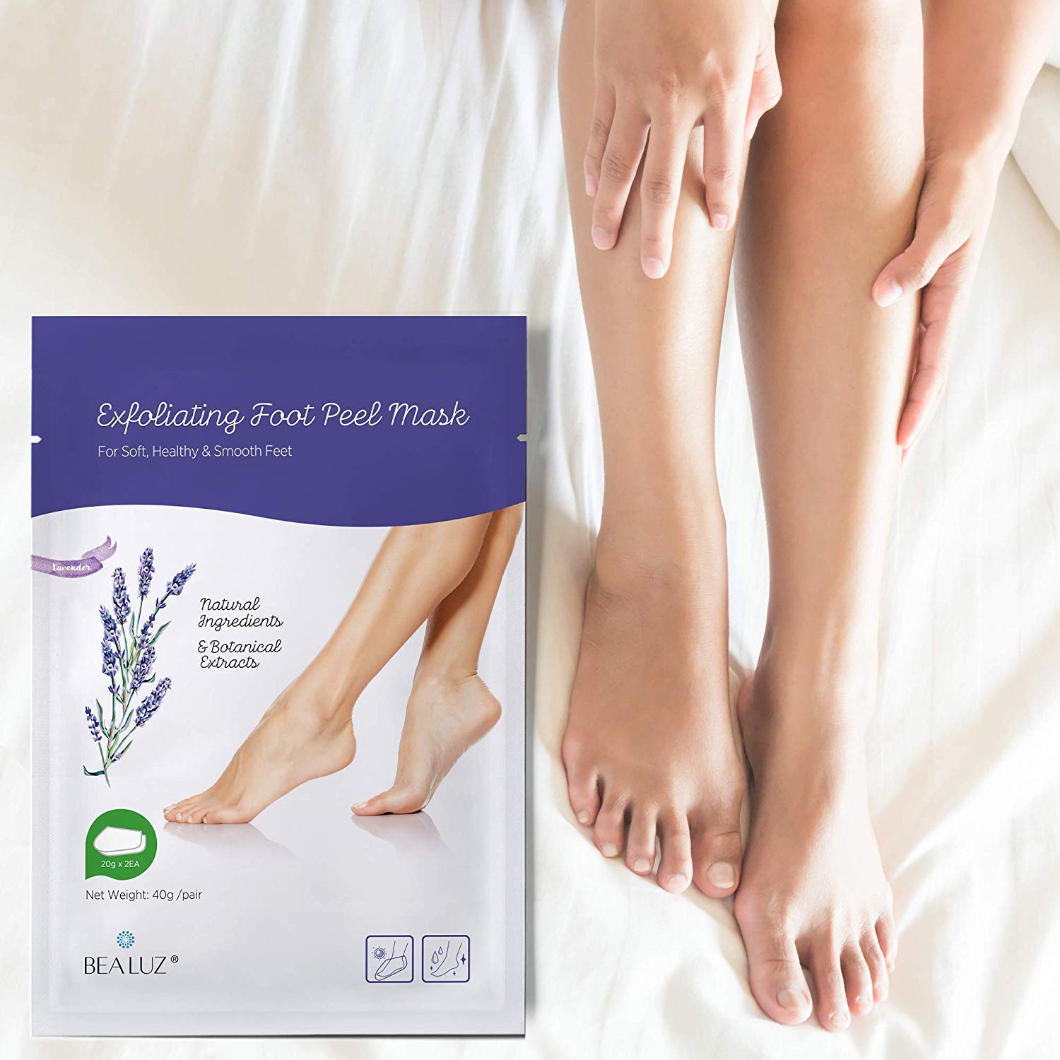 Bealuz lavender foot peel mask two pairs packaging for home care