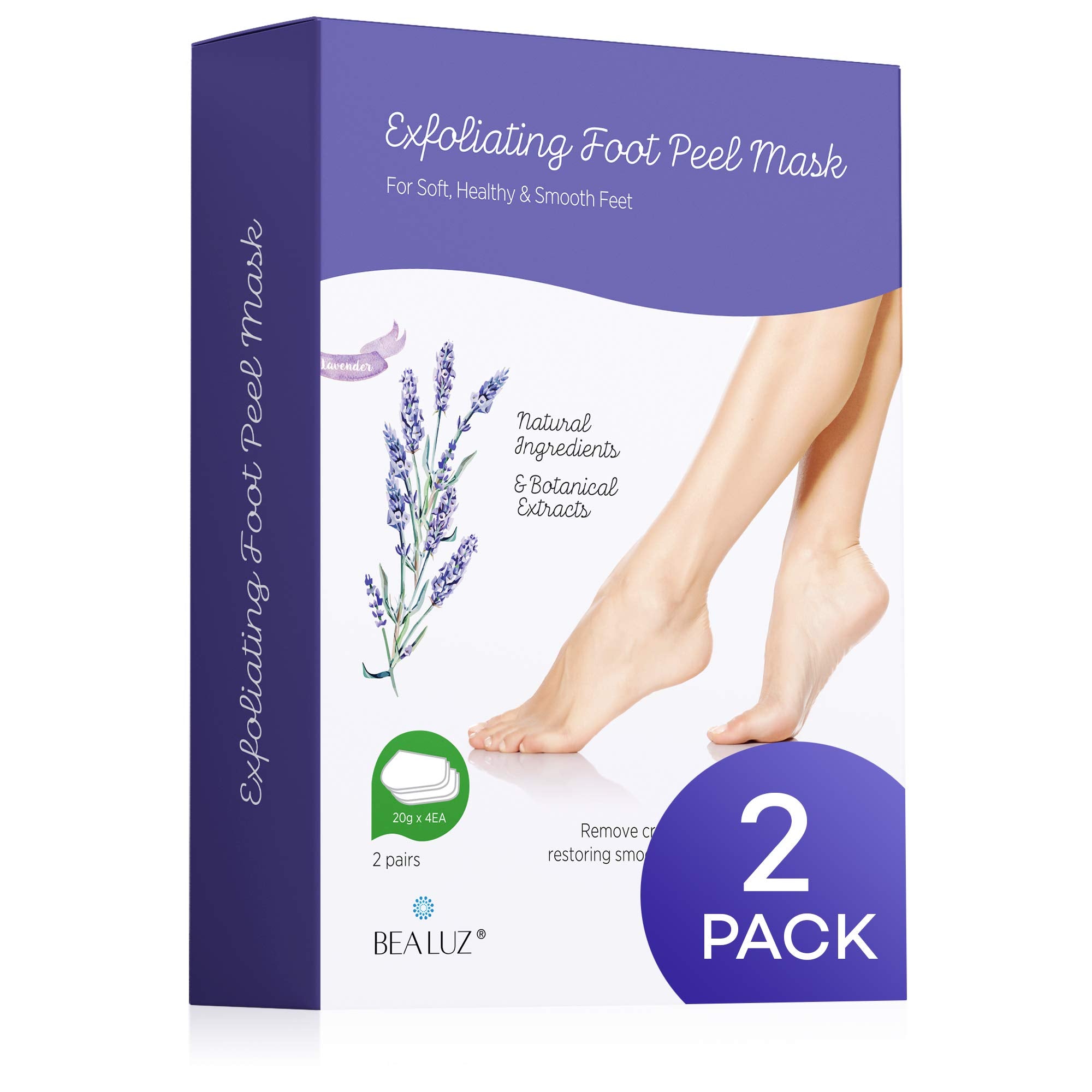 Bealuz foot peel mask box and bottle showing packaging for at home use