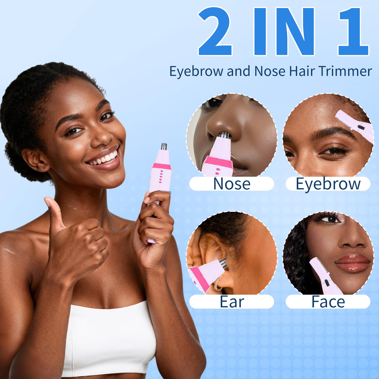 Beanify dual-head trimmer with interchangeable trimming heads for nose, ears, eyebrows.