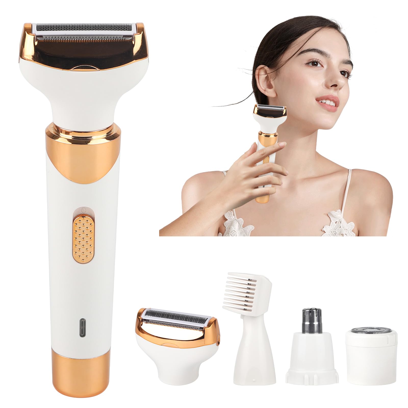 Beanify 4-in-1 electric razor heads close-up showing versatile facial and body grooming options.