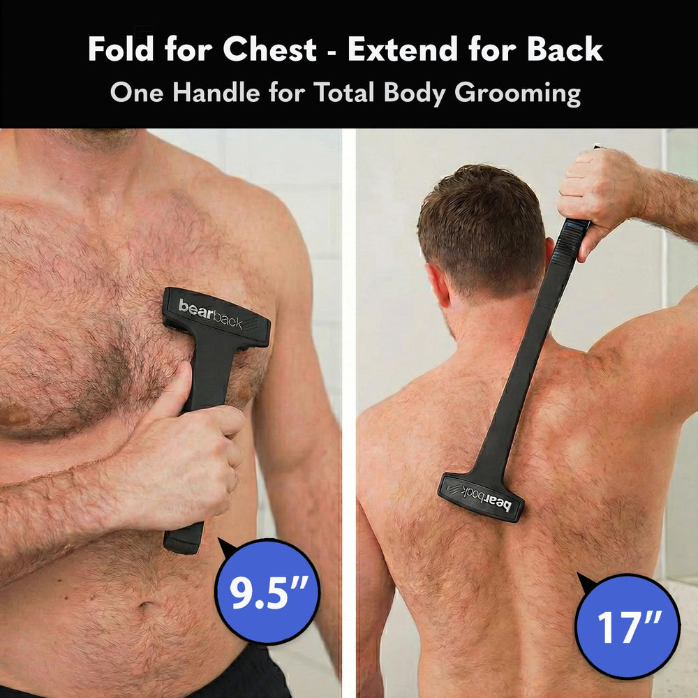Bearback back shaver pivoting triple-blade head adapts to curves smoothly.