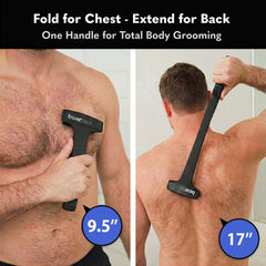 Bearback back shaver pivoting triple-blade head adapts to curves smoothly.