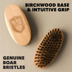 The Beard Club brush in hand on dresser demonstrates easy daily styling.