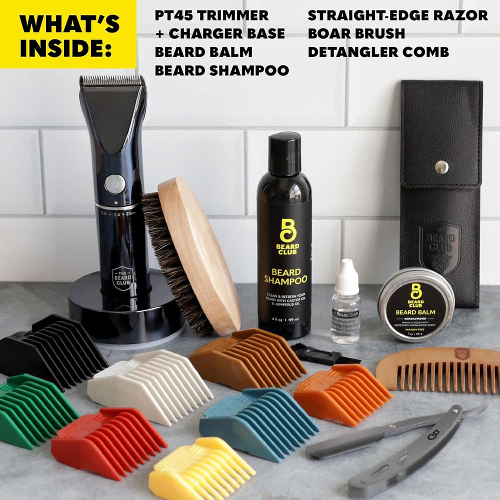 The Beard Club grooming kit blades close-up emphasizes sharp edges for barber-like detailing.