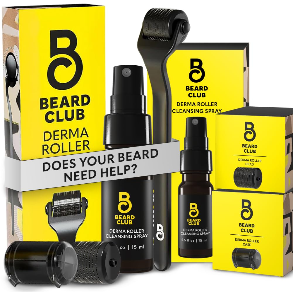 Beard Club premium derma roller close-up shows 540 titanium needles for precise beard and skin care