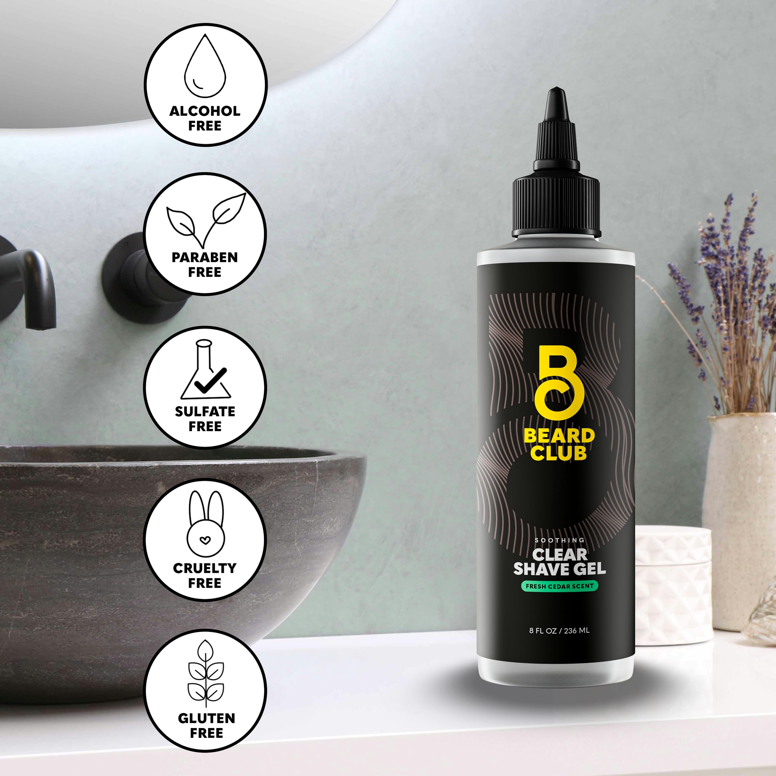 Beard Club cedar-scented gel visual emphasizes masculine aroma with cooling sensation