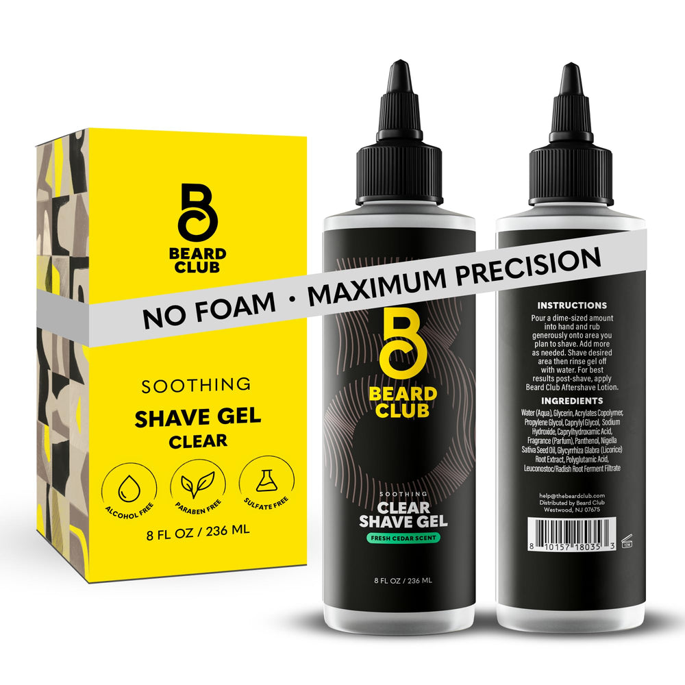 Beard Club premium shaving gel clear bottle view shows transparent gel for precise shaving