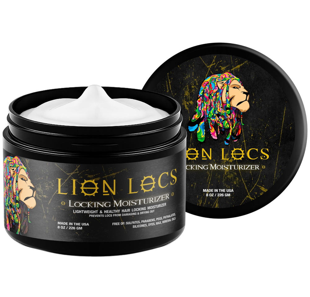 Beard Gains Lion Locs Moisturizer 8oz jar shows creamy texture for smoother dreadlocks.
